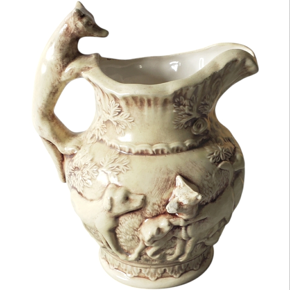 MCM Ceramic Raised 3-D Canine Motief Majolica Pitcher Unsigned Pauline Pierson*